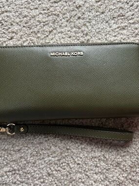 Michael Kors Olive Green Textured Saffiano Wristlet with Gold Logo